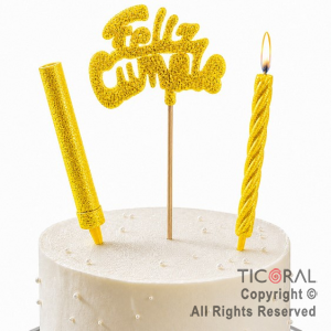ADORNO DE TORTA SET FELIZ CUMPLE CON BENGALA Y VELA 9 CM GIBRE AMARILLO x 1